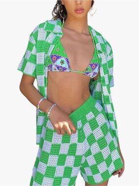 Frankies Bikinis Coco Crochet Button Up Shirt with matching shorts.
